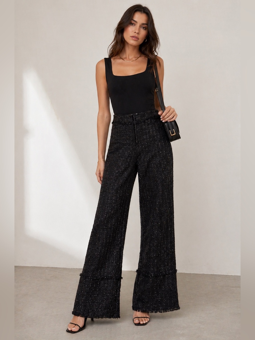 High-Rise Black Wide-Leg Tweed Pants with Fringed Hem
